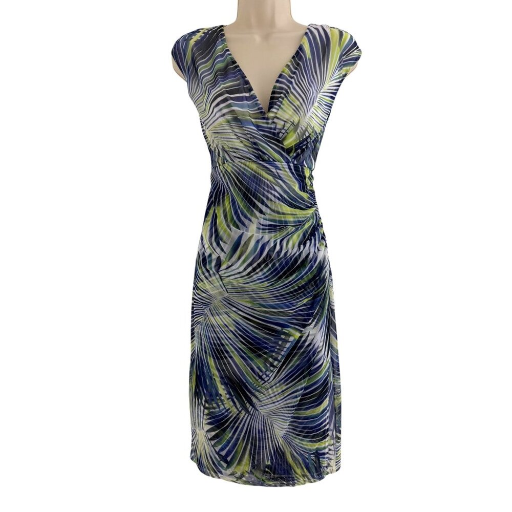 London‎ Times Purple Green Palm Print Mesh Sheath Dress Size 12 Summer Tropical